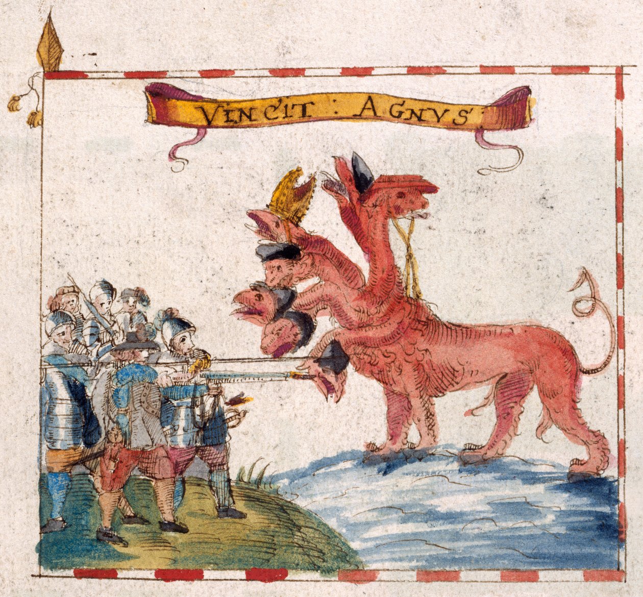 Acrescentar. 12447, f.23v Soldados parlamentares atacando a besta do Apocalipse, de 
