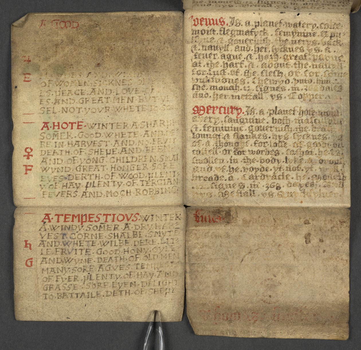 Adicionar. 17367, f.10r do Almanaque, contendo tabela de letras dominicais e algarismos áureos; direções para encontrar as festas móveis; calendário dos Santos, épocas, lista de Soberanos ingleses, prognósticos do tempo, influência dos signos do zodíaco (v de English School