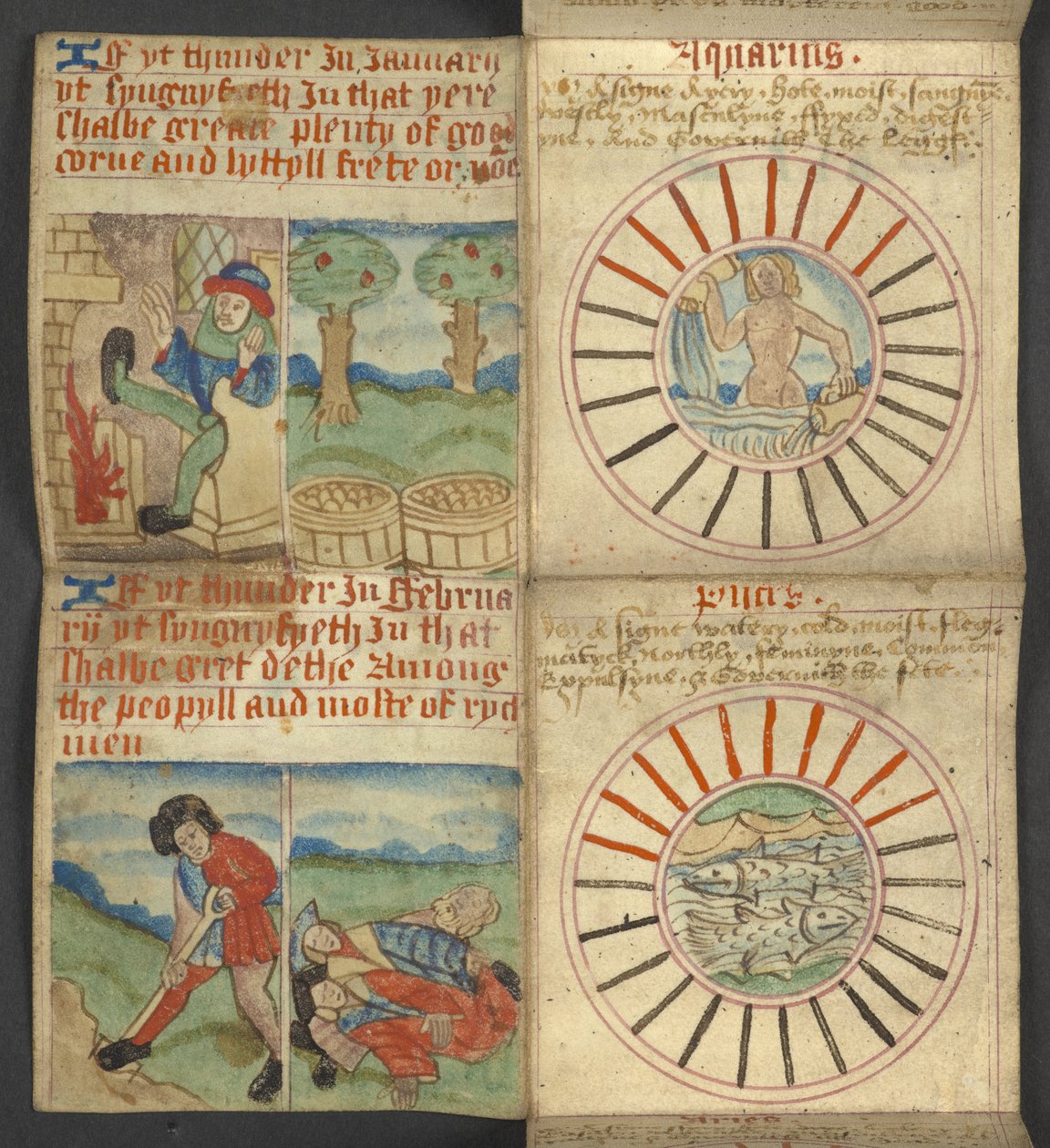 Acrescentar. 17367, f.3r Aquarius & Pisces, de Almanaque, contendo tabela de letras dominicais e números dourados; direcções para encontrar as festas móveis; calendário de santos, épocas, lista de Soberanos ingleses, prognósticos do tempo, influência dos s de English School