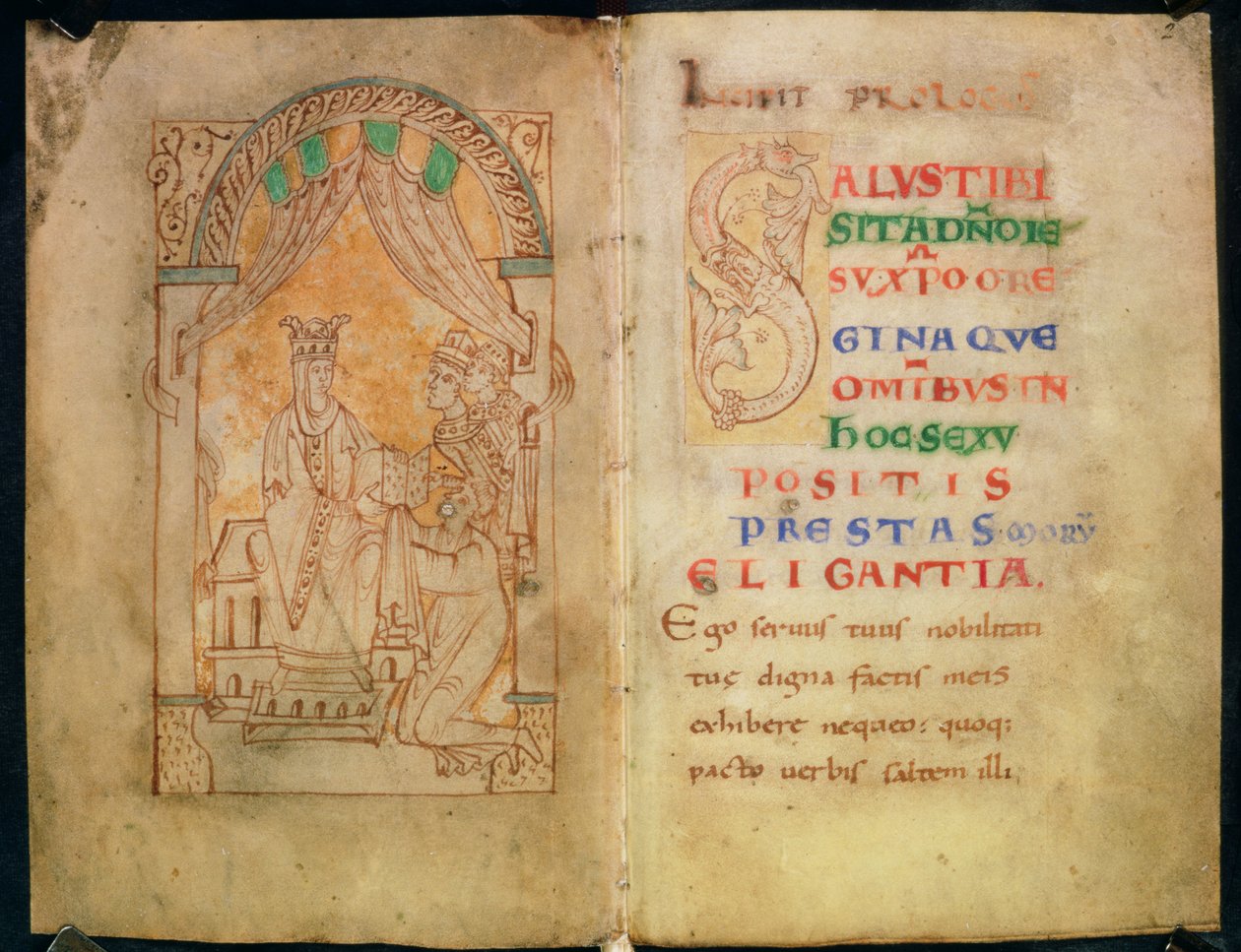 Adicionar 33241 ff.1v-2 Rainha Emma esposa de Ethelred II e Cnut recebe o livro de seu autor; Texto 