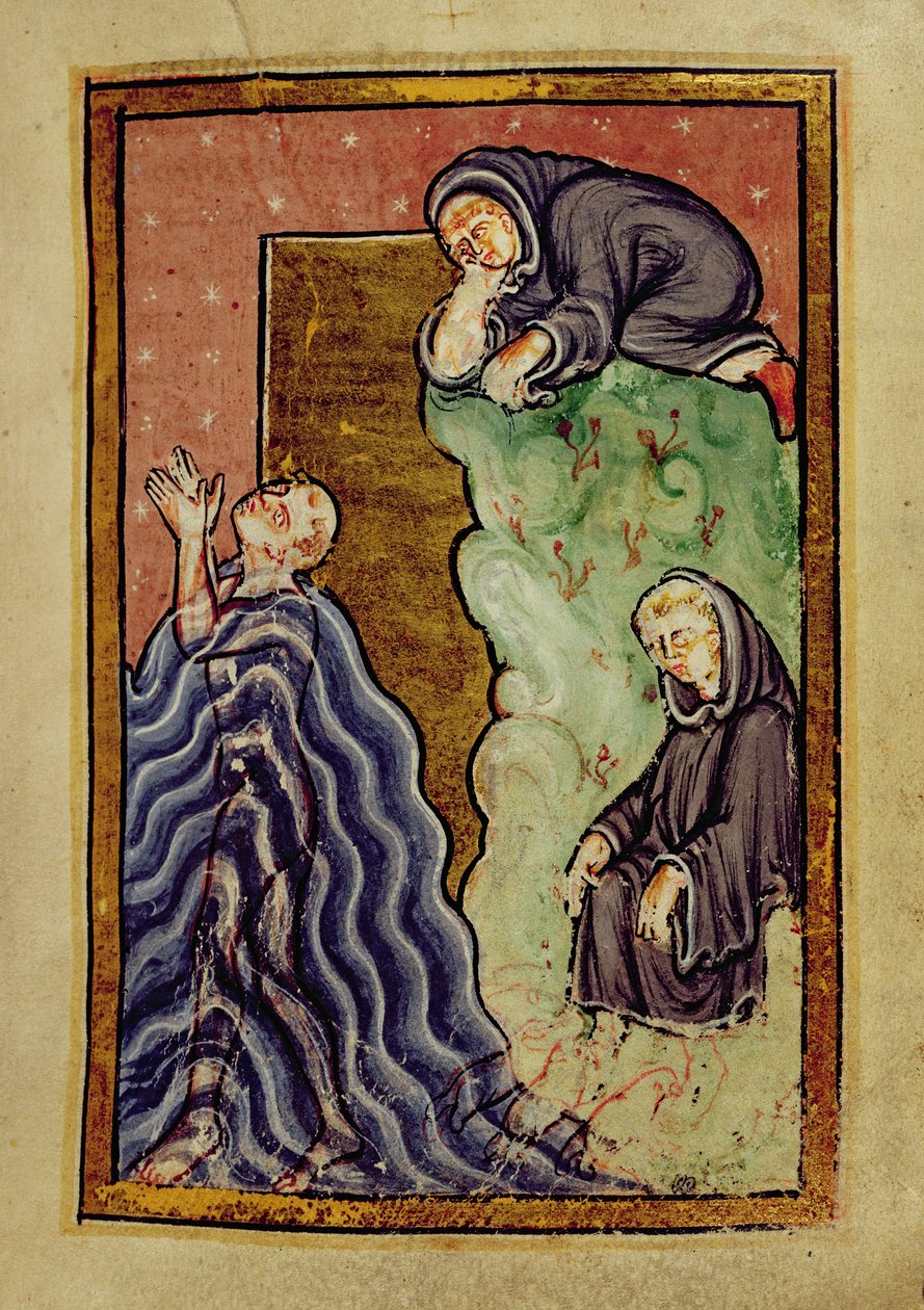 Adicionar 39943 f.24 St. Cuthbert rezando no mar observado por um monge, e tendo seus pés secos por lontras marinhas, de 