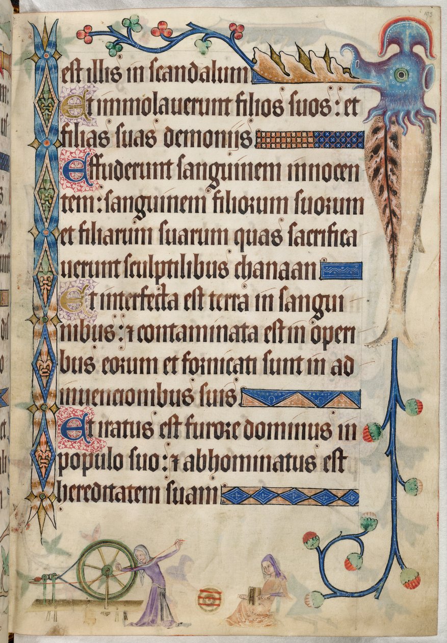 Acrescentar. 42130, f.193, Salmo 105, Mulheres fiando e cardando lã, de "Luttrell Psalter", c.1325-35 (vellum) de English School