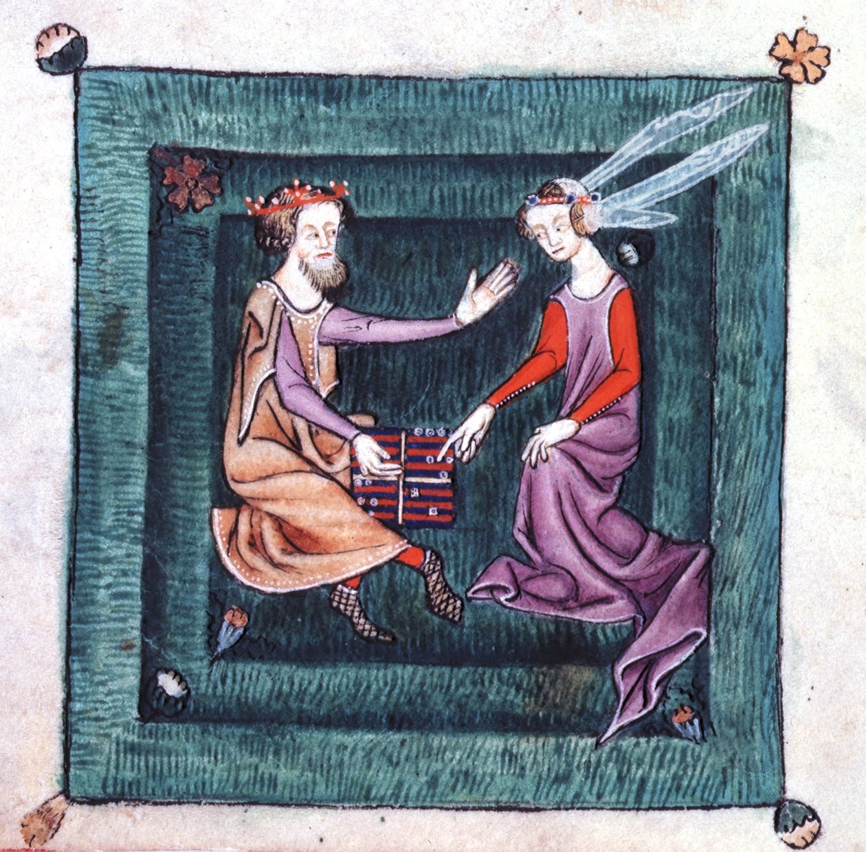 Adicionar 42130 fol.76v Um rei e uma dama sentados em um jardim, jogando um jogo de tabuleiro semelhante ao gamão, do Saltério de Luttrell, iniciado antes de 1340 para Sir Geoffrey Luttrell (velino) de English School