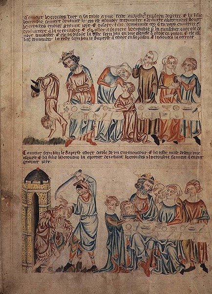 Adicionar 47682 f.21v Dança de Salomé perante Herodes e a morte de João Baptista, da "Bíblia Holkham", c.1320-30 (vellum) de English School