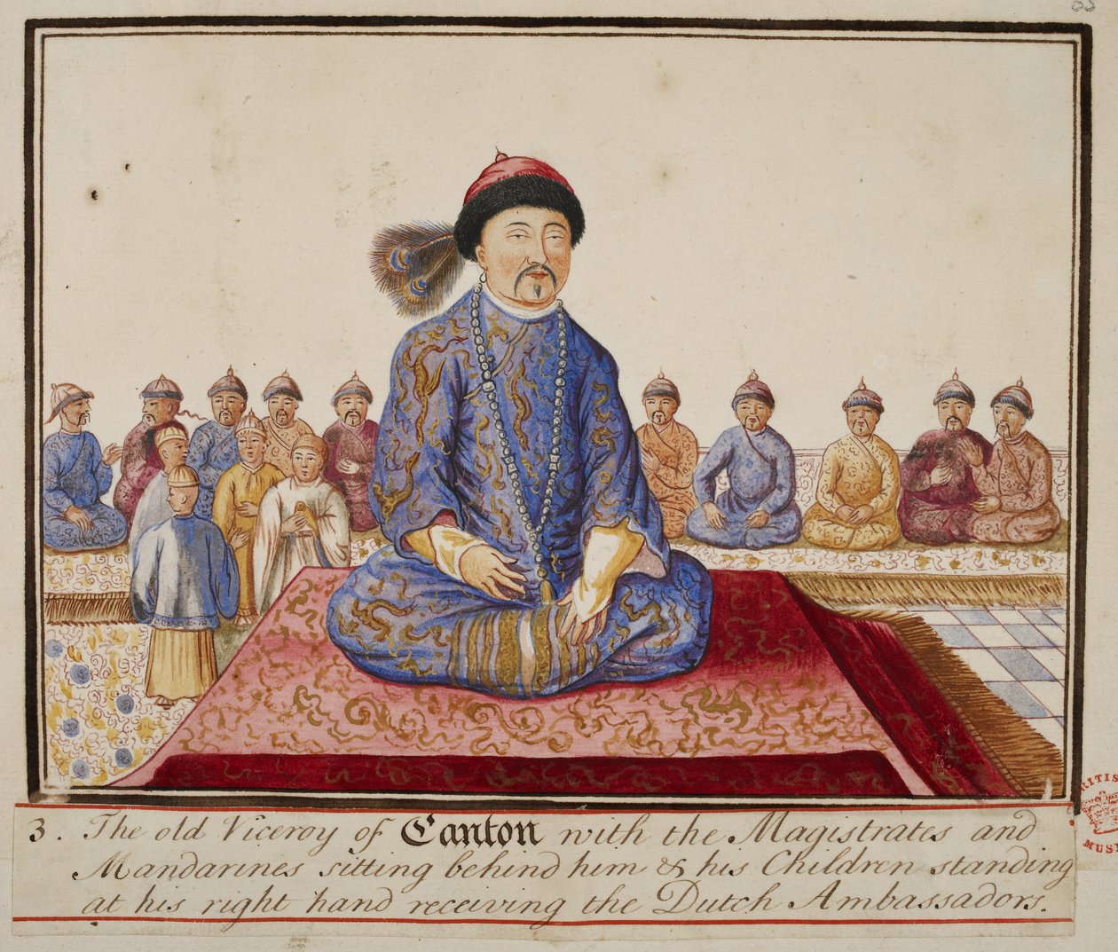 Acrescentar. 5353, f.65 O vice-rei de Cantão com magistrados e mandarins, os seus filhos à sua direita recebendo os embaixadores holandeses, de "Colecções de trajes de várias nações". de English School