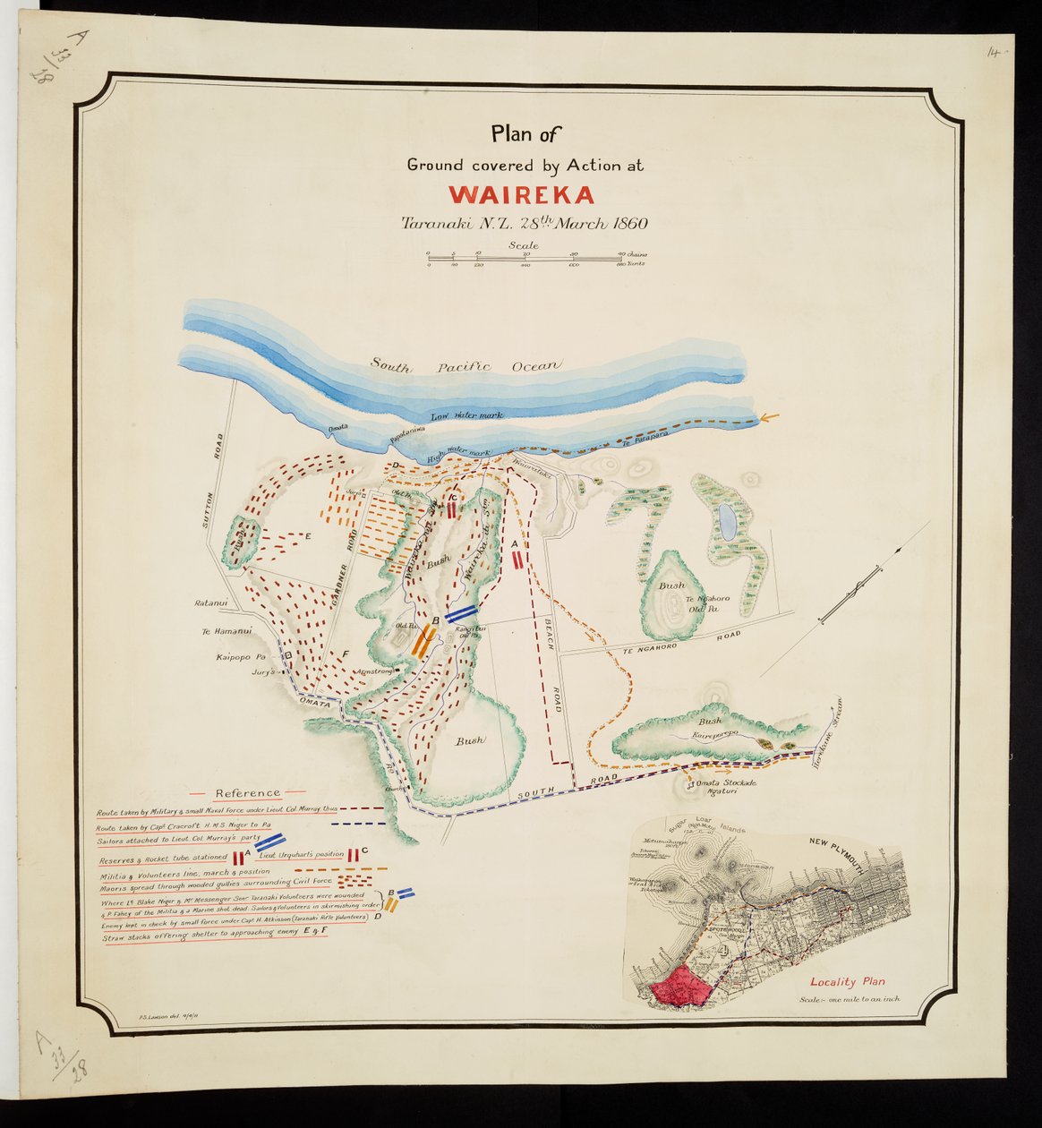 Acrescentar. 57717, placa 14, "Plano de terreno coberto por acção de Waireka, Taranaki N.Z., 28 de Março de 1860 (caneta & tinta & aguarela sobre papel) de English School