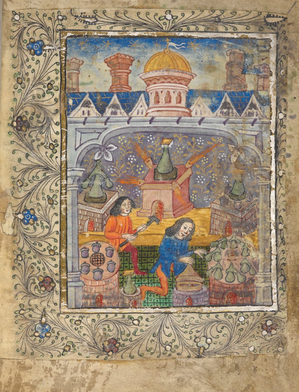 Acrescentar MS 10302 f.37v f. 1r Sete fornos com alambiques, tratados por dois homens, debaixo de um telhado com uma cúpula e chaminés, c.1477 (vellum) de English School