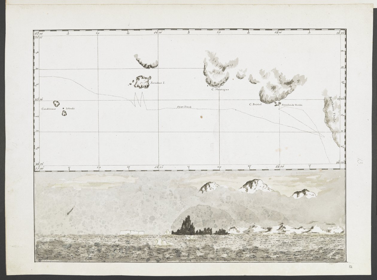 Adicionar MS 15500 f.13 Vinte e duas cartas, vistas de Headlands, etc., tiradas durante a viagem do Capitão Cook na Resolução através do Pacífico e do Oceano Antártico de English School