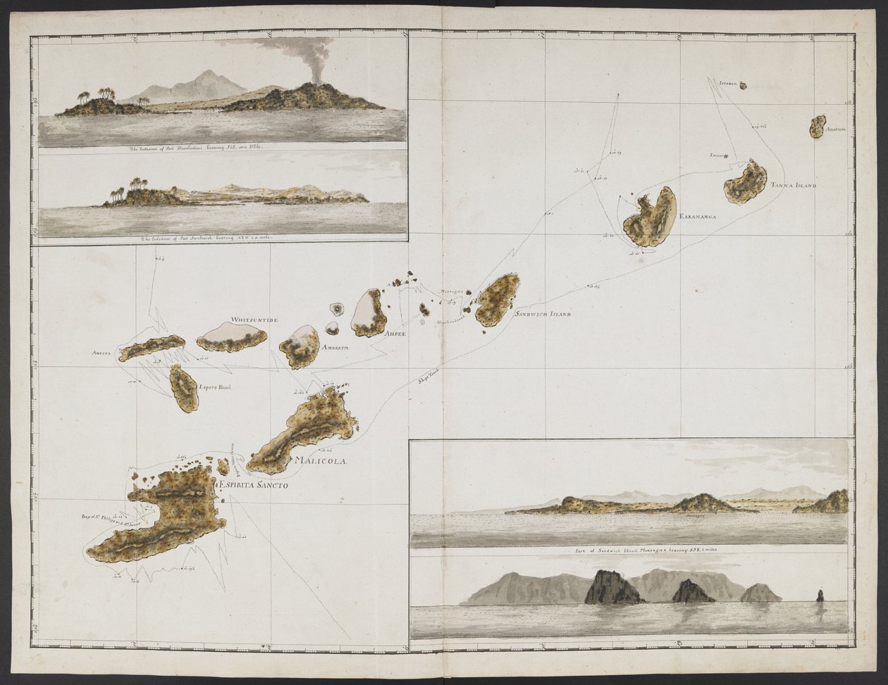 Adicionar MS 15500 f.17 Vinte e duas cartas, vistas de Headlands, etc., tiradas durante a viagem do Capitão Cook na Resolução através do Pacífico e do Oceano Sul de English School