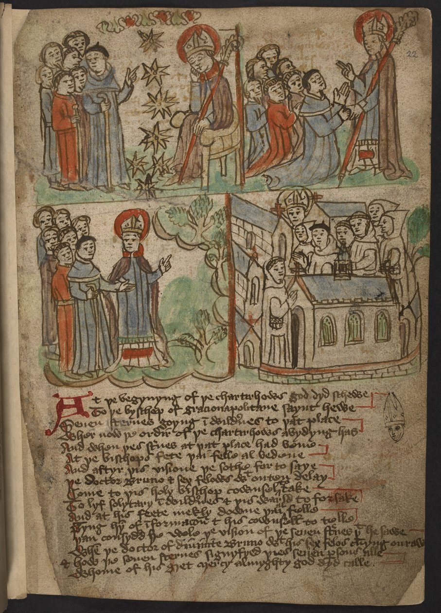 Acrescentar MS 37049, f.22 The Carthusian Miscellany (Religious Prose and Verse) em inglês do Norte, incluindo um epítome (resumo) das viagens de Mandeville (tinta e cor sobre papel) de English School