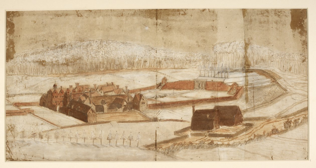 Adicionar MS 78610H Vista de Wotton com o jardim, gruta e arredores, c.1650 (caneta e tinta com lápis de cera e lavagem em papel) de English School