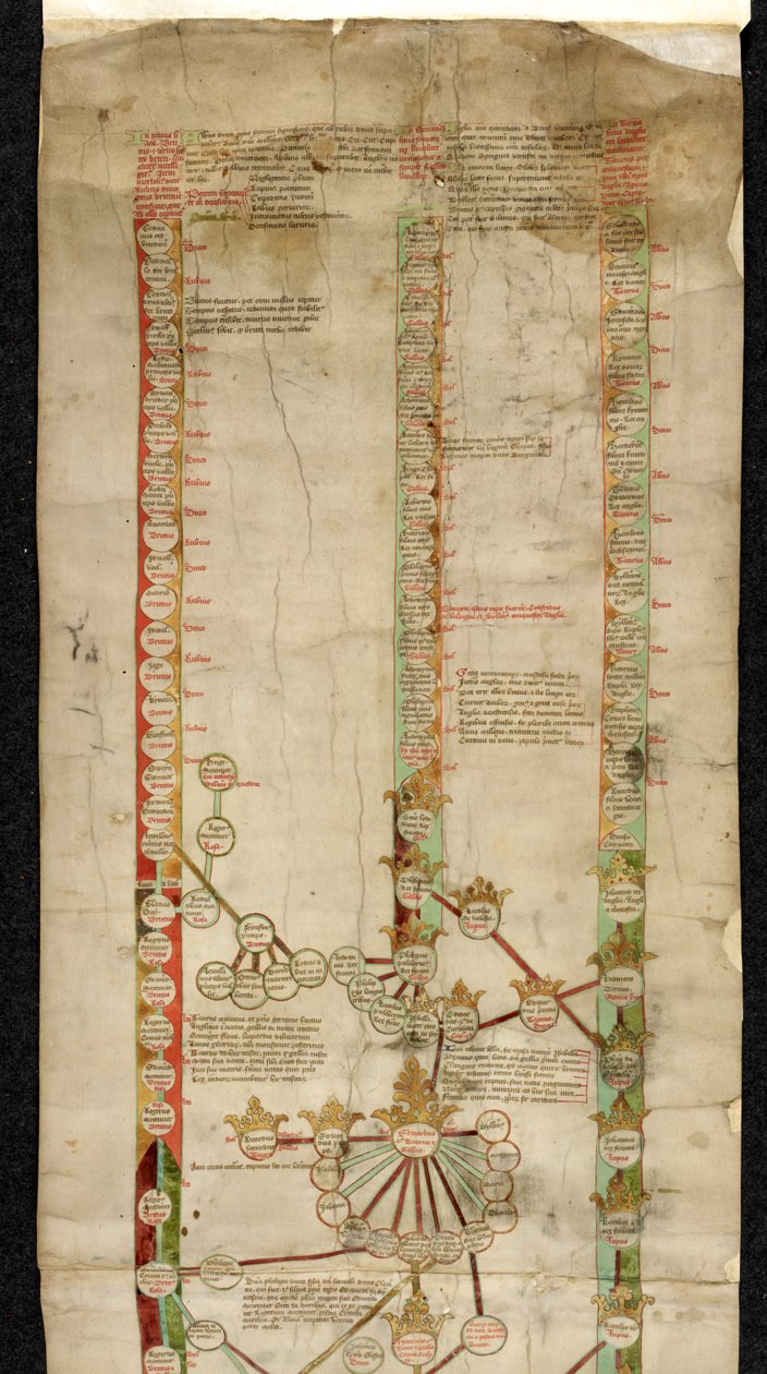 Adicional MS 18268 A, Genealogia de Eduardo Quarto de Inglaterra, mostrando o seu título às coroas de Gales, França, e Inglaterra, em três linhas de descida. de English School