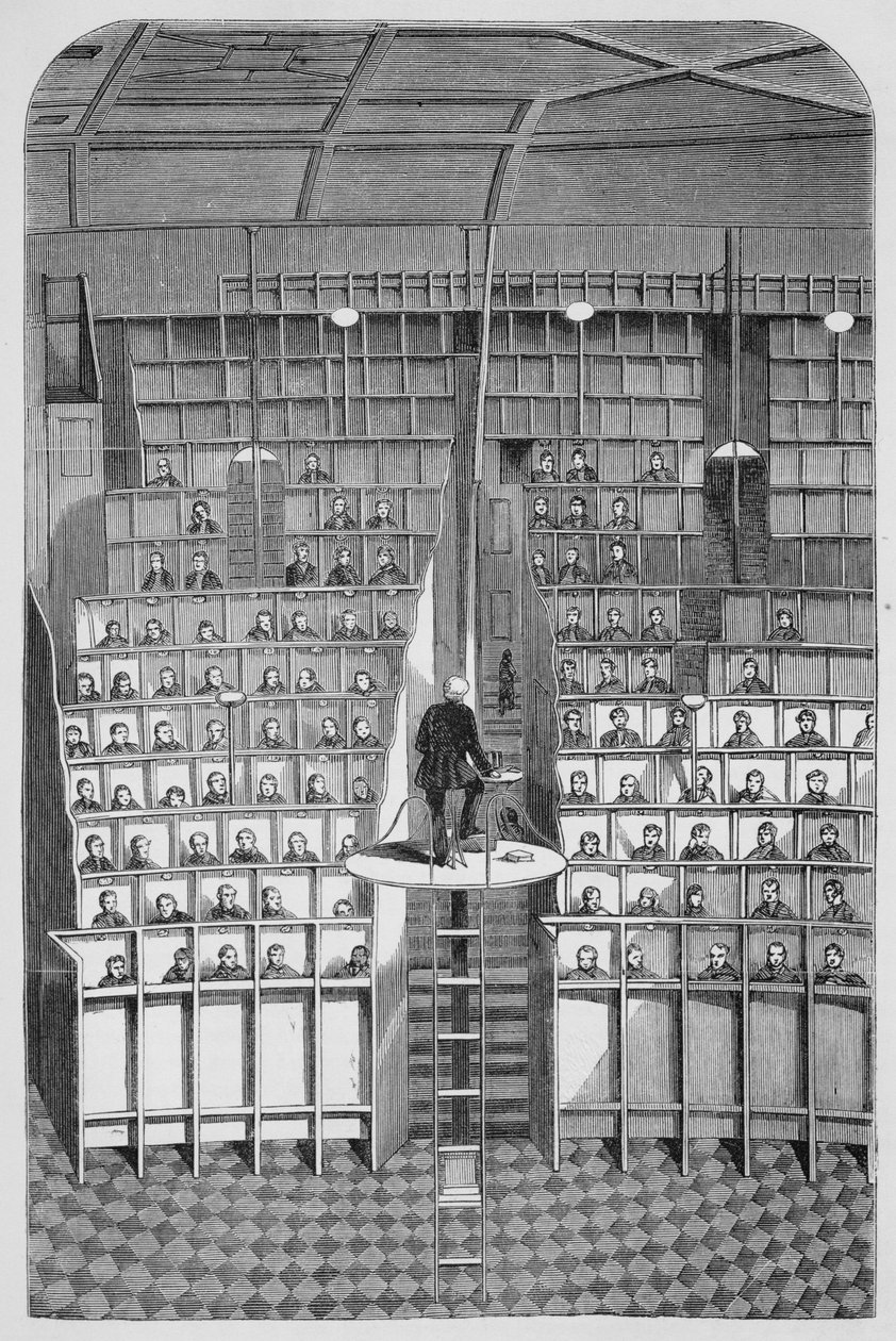 Escola de adultos na capela, no sistema separado, na casa de correção de Surrey, Wandsworth, das prisões penais de Londres e cenas de vida na prisão por Henry Mayhew (1812-1887) e John Binn de English School
