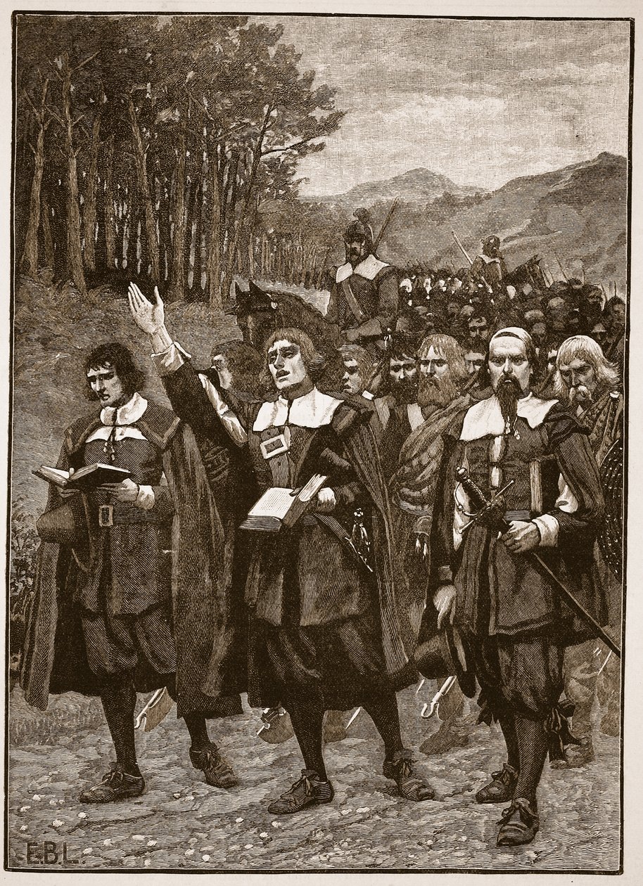 Avanço dos Covenanters através da fronteira com a Inglaterra, ilustração de Cassells Illustrated History of England (foto em sépia) de English School