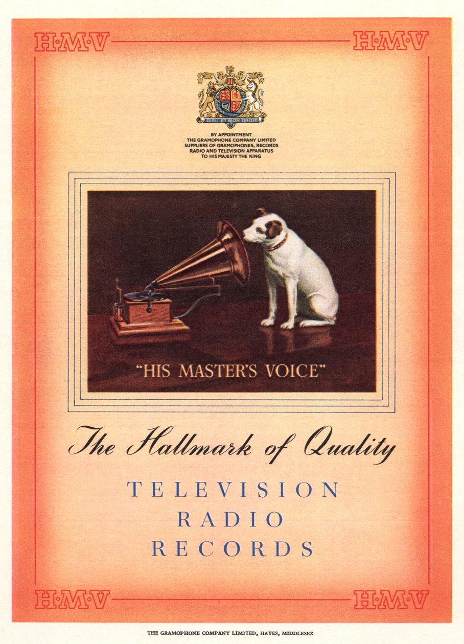 Anúncio para sua voz do mestre, ilustração do catálogo da exposição do banco sul, festival da Grã-Bretanha, Londres, 1951 de English School