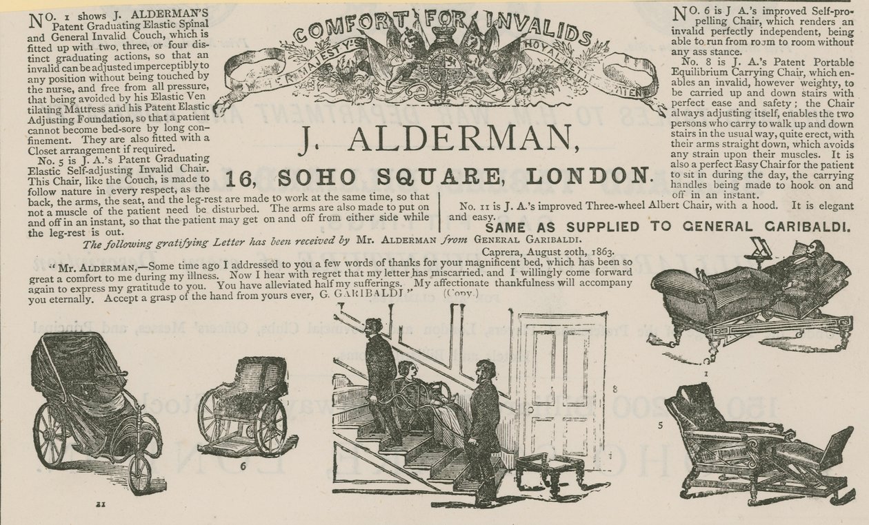 Anúncio de J Alderman, fabricante de carruagens para inválidos (gravura) de English School