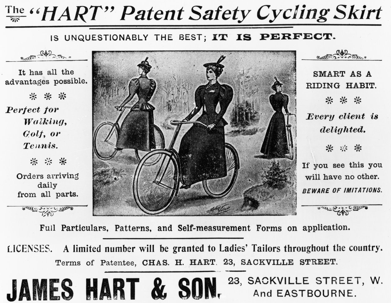 Anúncio para a saia de ciclismo da segurança da patente do cervo, c.1897 (papel impresso) de English School