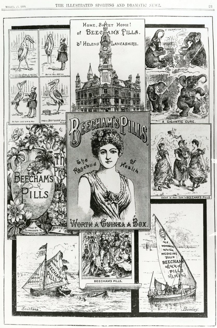 Propaganda para as pílulas de Beechams, o Rosebud of Health, 1890 de English School