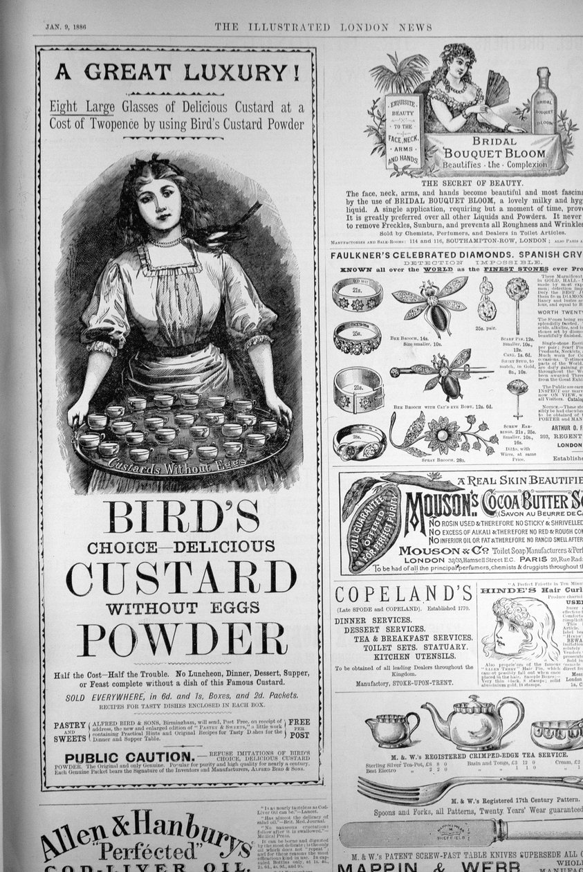Propaganda para o creme de aves em pó, da The Illustrated London News, 1 de setembro de 1886 de English School