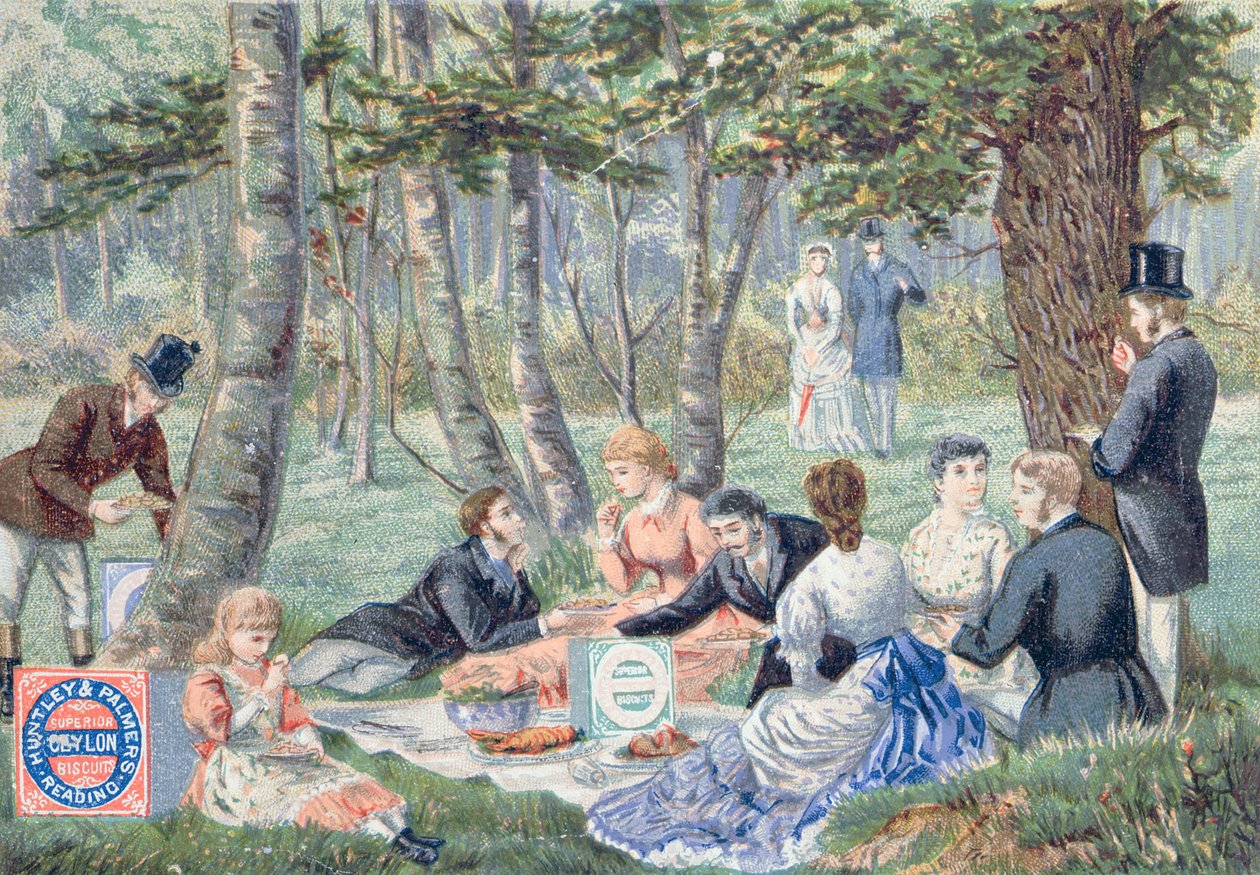 Propaganda para os biscoitos Imperial Ceylon feitos por Huntley & Palmer representando um piquenique em Epping Forest de English School