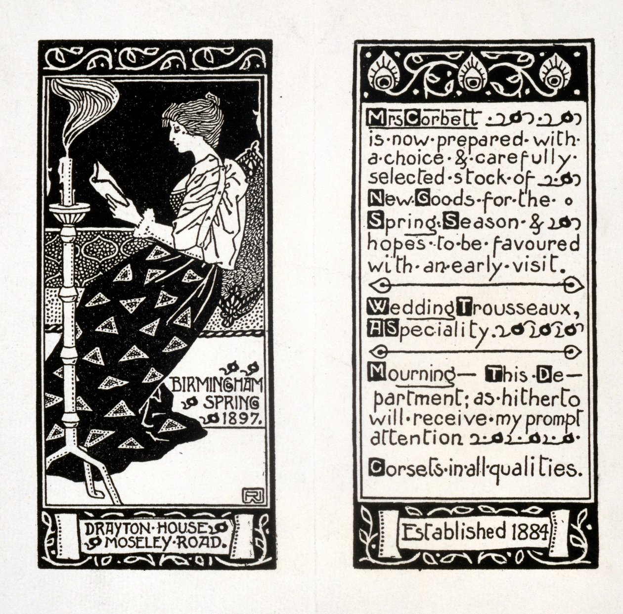Anúncio para a Sra. Corbett em Drayton House, Birmingham, 1897 de English School