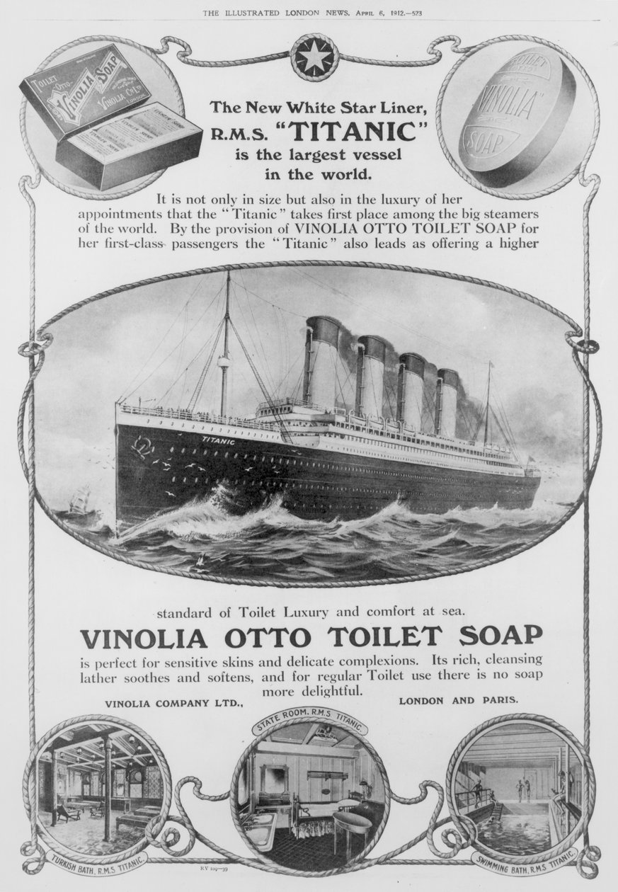 Anúncio do sabonete Vinolia Otto, utilizado no "Titanic", do "The Illustrated London News", 6 de abril de 1912 (gravura) (fotografia a preto e branco) de English School
