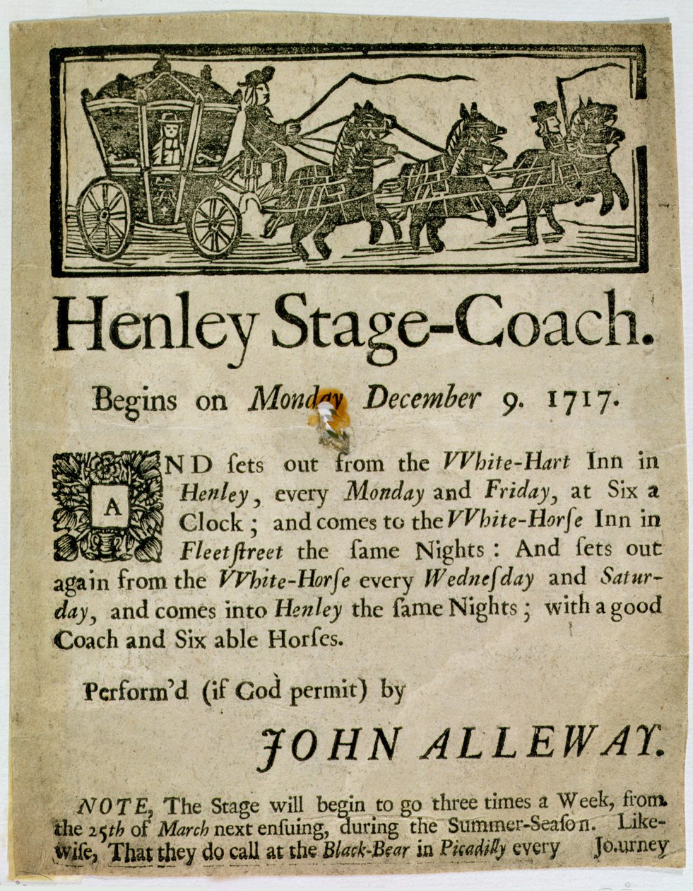 Anúncio para o Henley Stage Coach, 1717 de English School