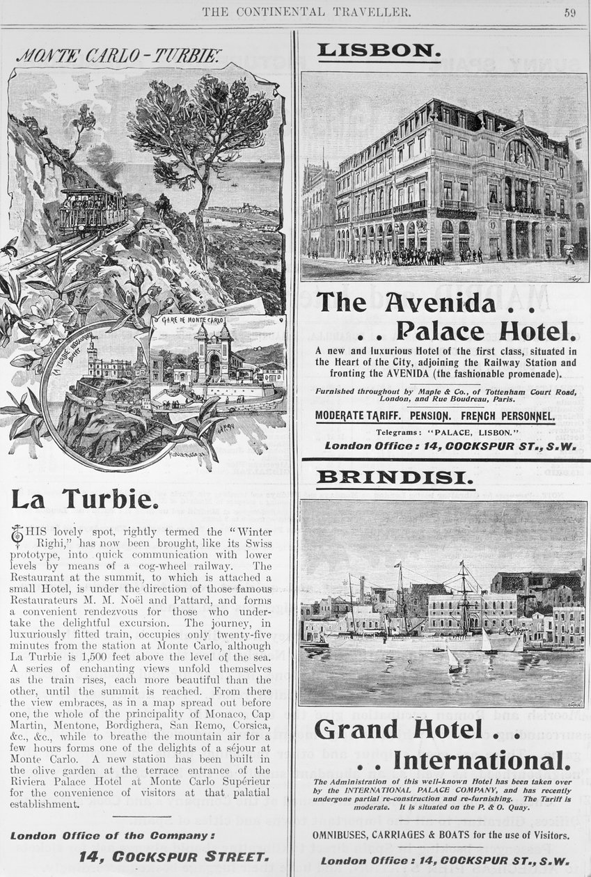 Anúncios para o restaurante La Turbie, o The Avenida Palace Hotel e o Grand Hotel International, da página 59 de "The Continental Traveller" (papel de jornal) de English School