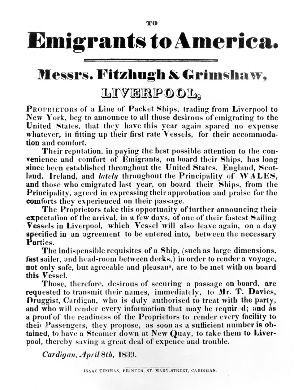 Propaganda para Packet Ships to America, 1839 (papel impresso) de English School