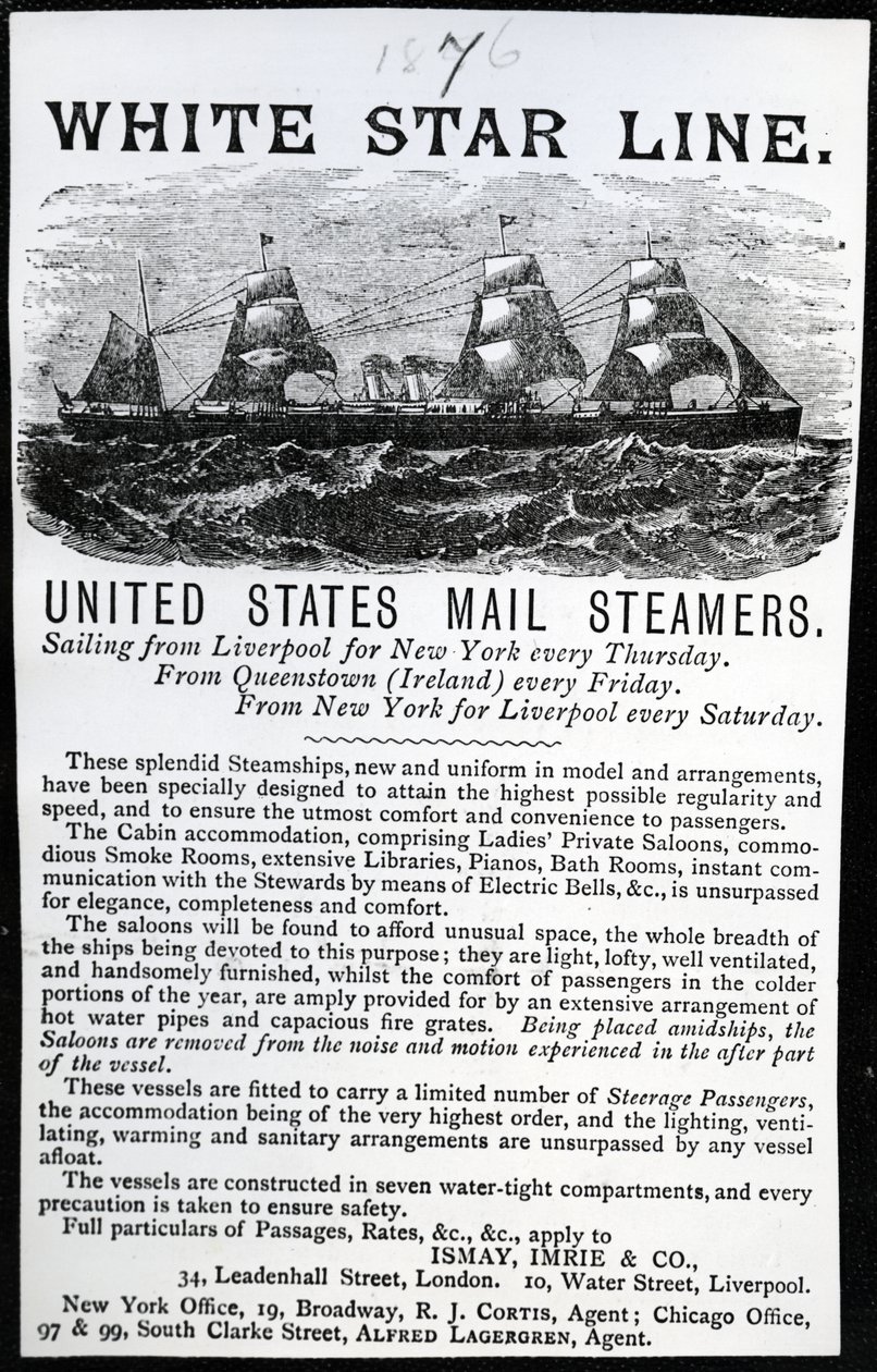 Propaganda da White Star Line, 1876 (papel impresso) de English School