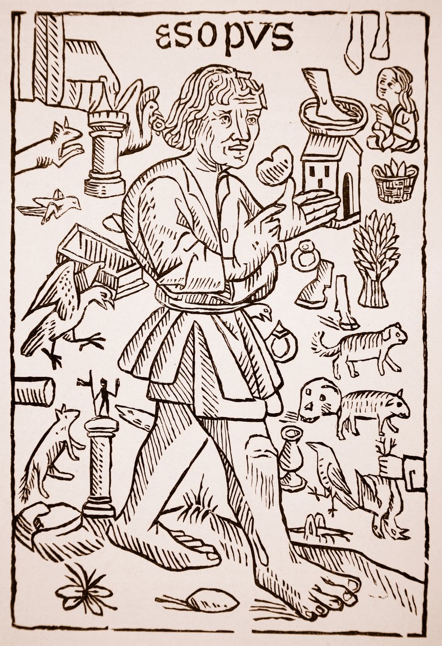 Esopo, frontispício de Aesops Fables por William Caxton (c.1422-91), 1434 (foto sépia) de English School