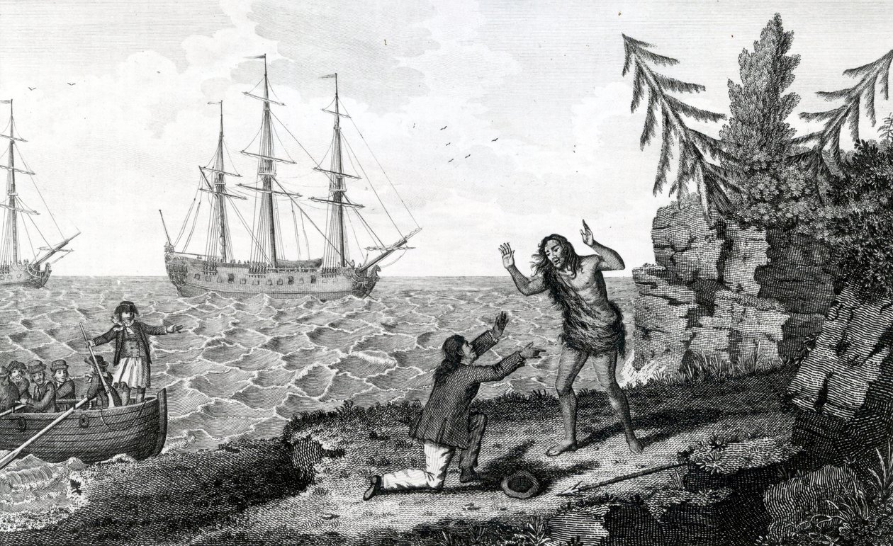 Afetando a entrevista de dois homens Mokito, ilustração tirada de Moores Voyages and Travels, 1778 de English School