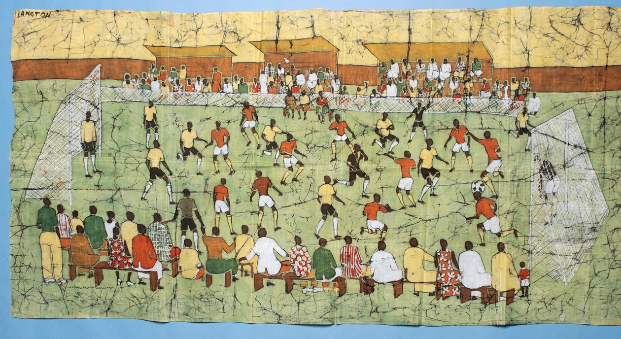 Batik Africano ilustrando um jogo de futebol com multidões assistindo nas arquibancadas (têxtil) de English School