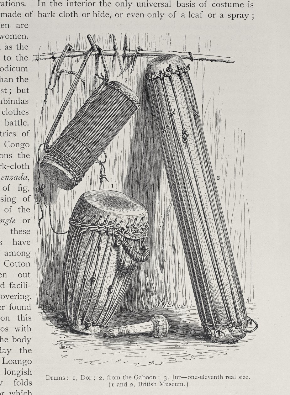 Tambores africanos, de "A História da Humanidade", Vol.III, pelo Prof. Friedrich Ratzel, 1898 de English School