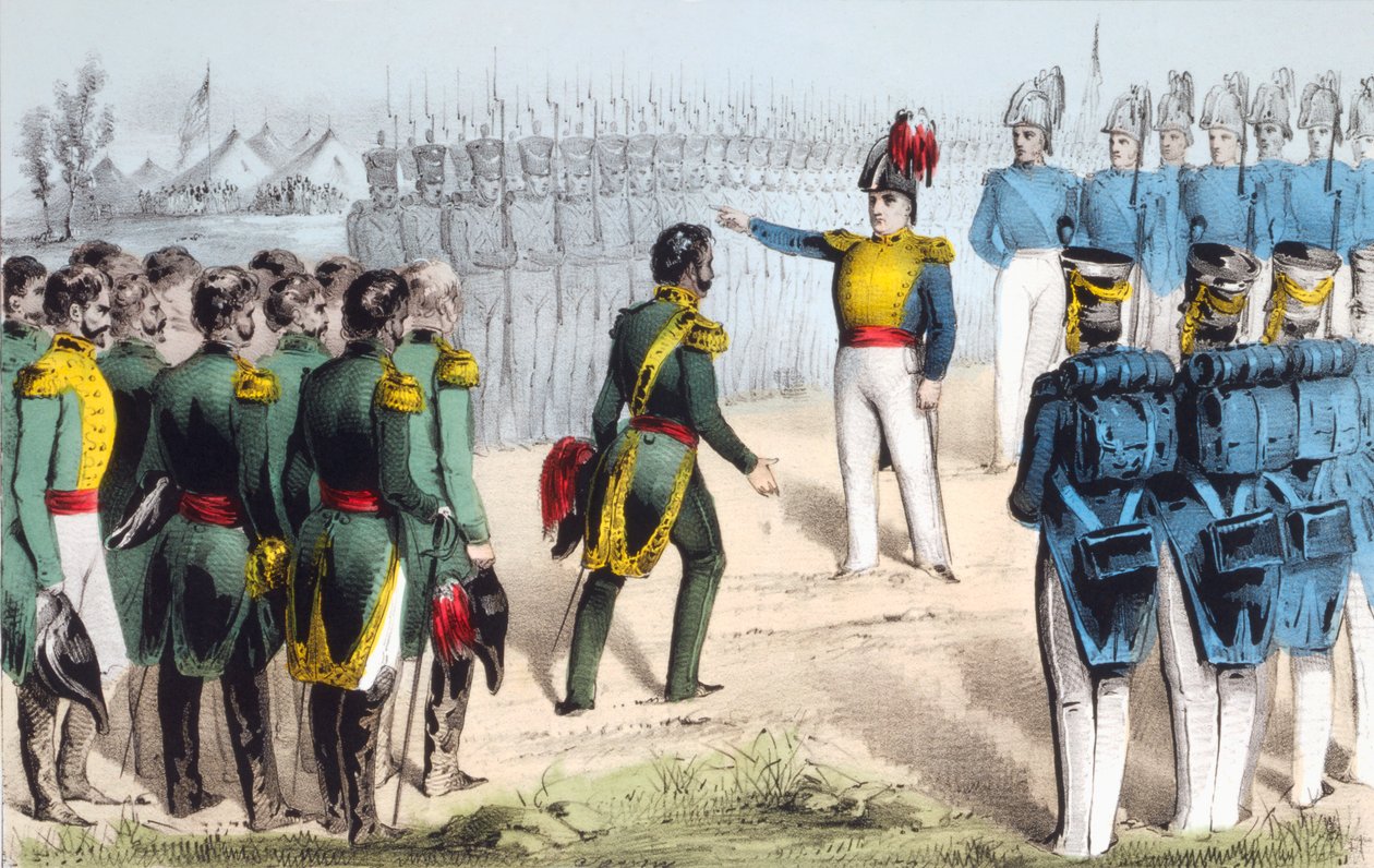 Depois da Batalha de Monterrey, o general mexicano Pedro de Ampudia entrega a cidade ao general americano Zachary Taylor durante a Guerra Mexicano-Americana de 1846-48. de English School