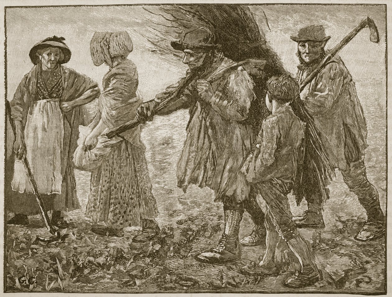 Trabalhadores agrícolas na época do Parlamento da Primeira Reforma, ilustração de Cassells Illustrated History of England (foto em sépia) de English School