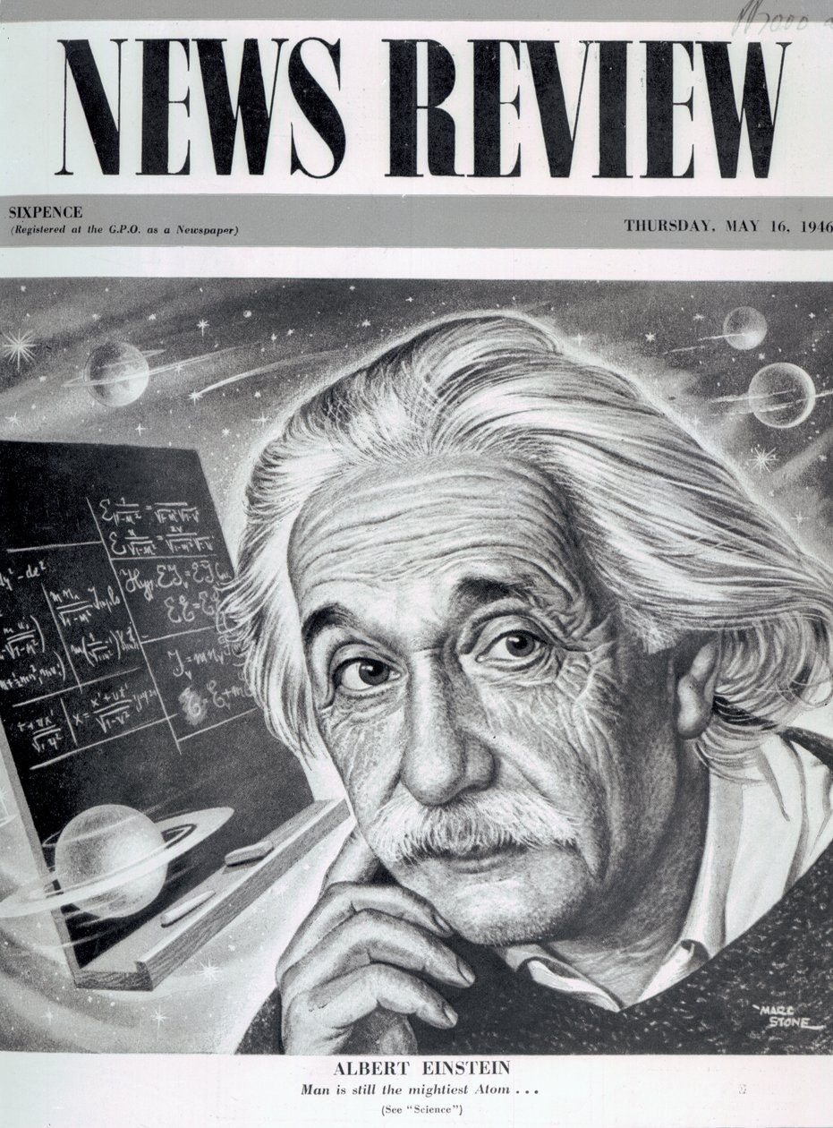 Albert Einstein na capa de &39;News Review&39;, 16 de maio de 1946 (impressão) de English School
