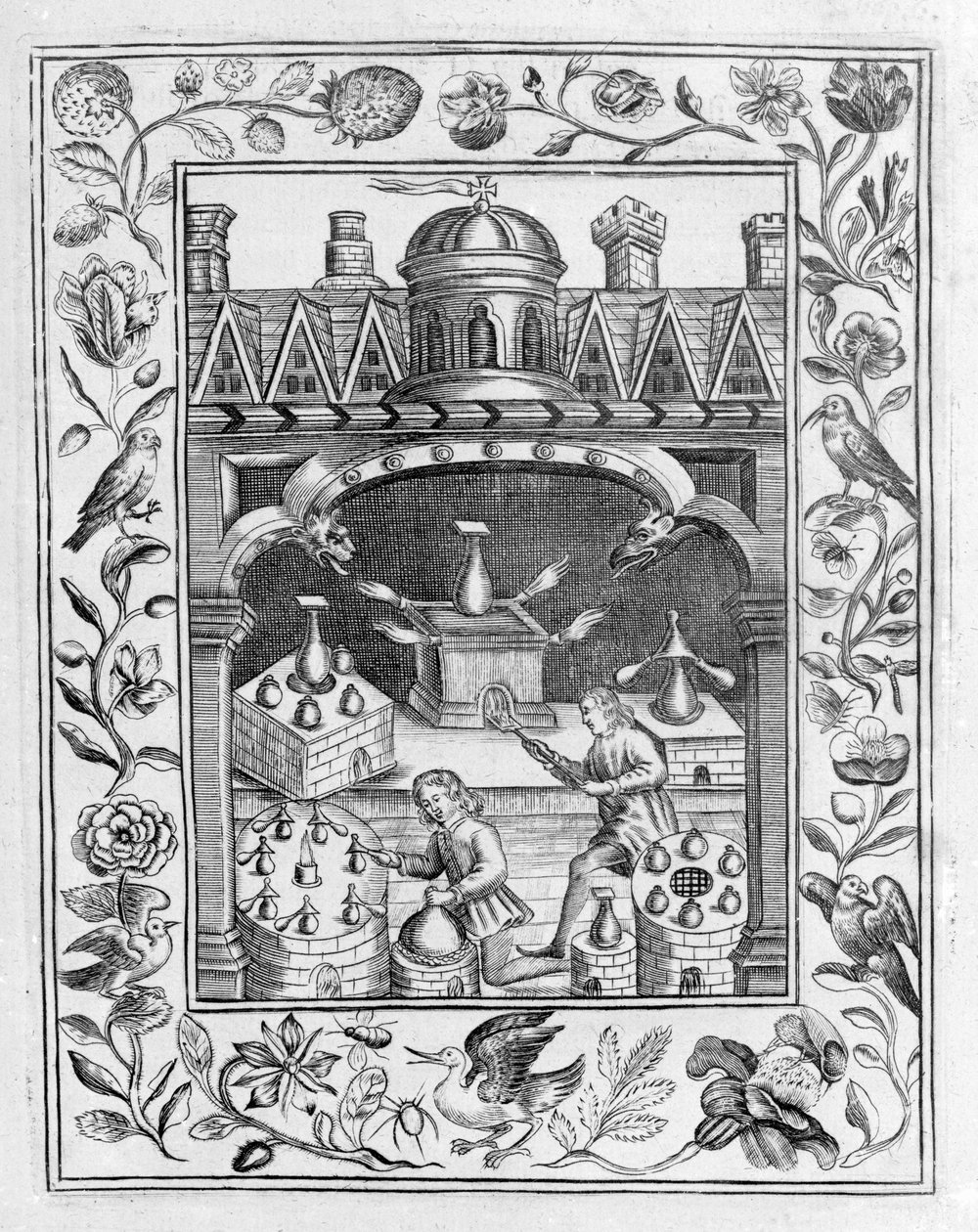 Laboratório de alquimia mostrando várias formas de fornos e vasos, tiradas do Theatrum Chemicum Britannicum por Elias Ashmole, 1652 de English School