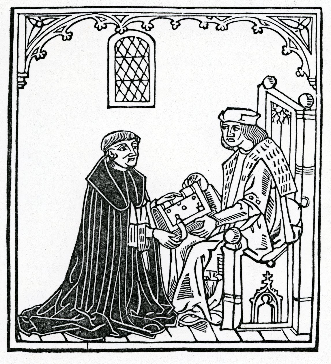 Alexander Barclay apresentando seu livro a seu patrono Thomas Cornish, frontispício da tradução inglesa de &39;The Ship of Fools&39;, edição publicada em 1874 de English School
