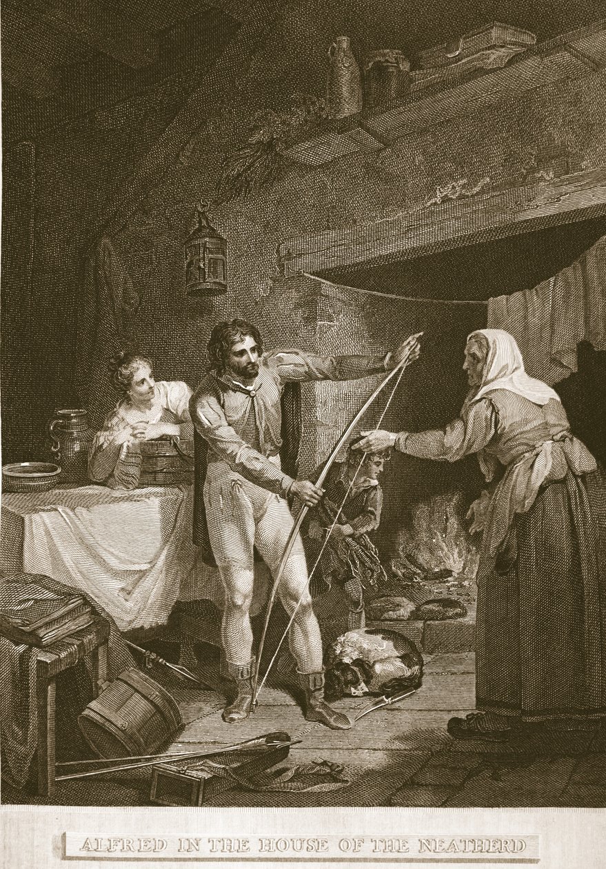 Alfred na casa do Neatherd, ilustração de David Humes A História da Inglaterra, pub. por R. Bowyer, Londres, 1812 de English School