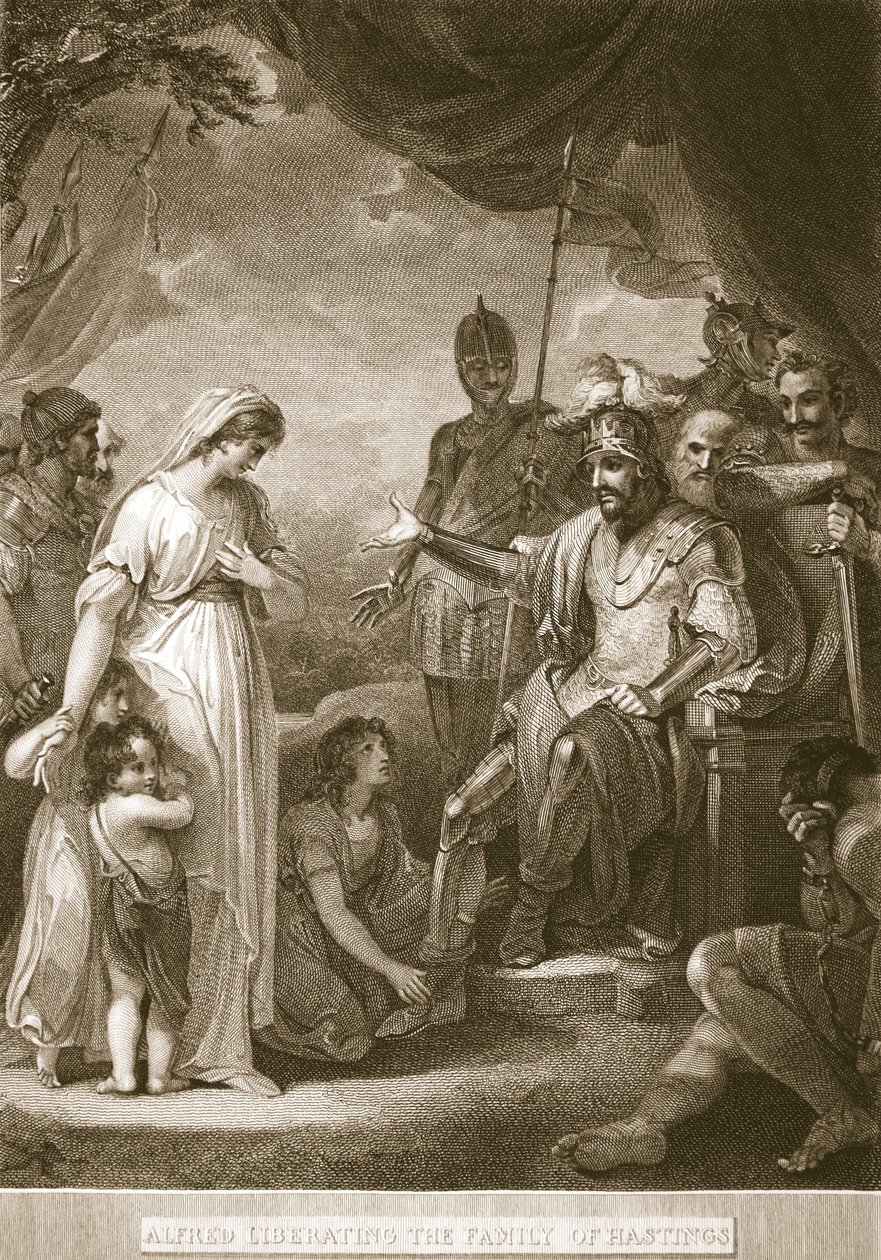 Alfred libertando a família de Hastings, ilustração de David Humes A História da Inglaterra, pub. por R. Bowyer, Londres, 1812 de English School