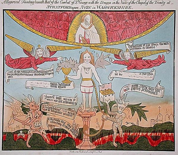 Pintura alegórica sob a de São Jorge com o Dragão na Nave da Capela da Trindade, de "Ancient Allegorical, Historical, and Legendary Paintings, in Fresco, descoberto em 1804, Capela da Trindade, Stratford-upon-Avon", de John G. de English School