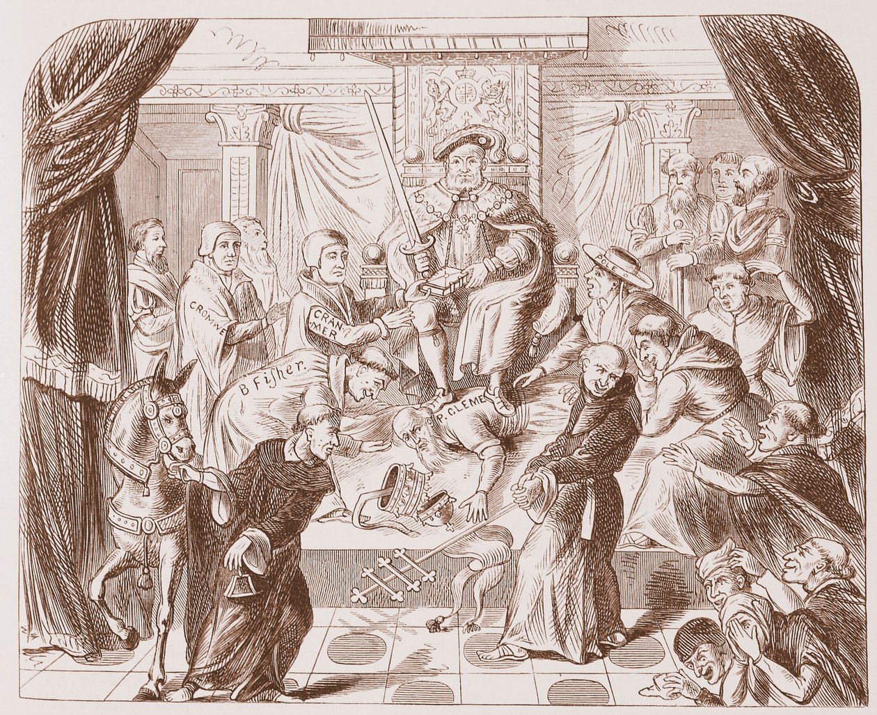 Imagem alegórica de Henrique VIII atropelando o papa Clemente, de uma gravura antiga no Museu Britânico de English School