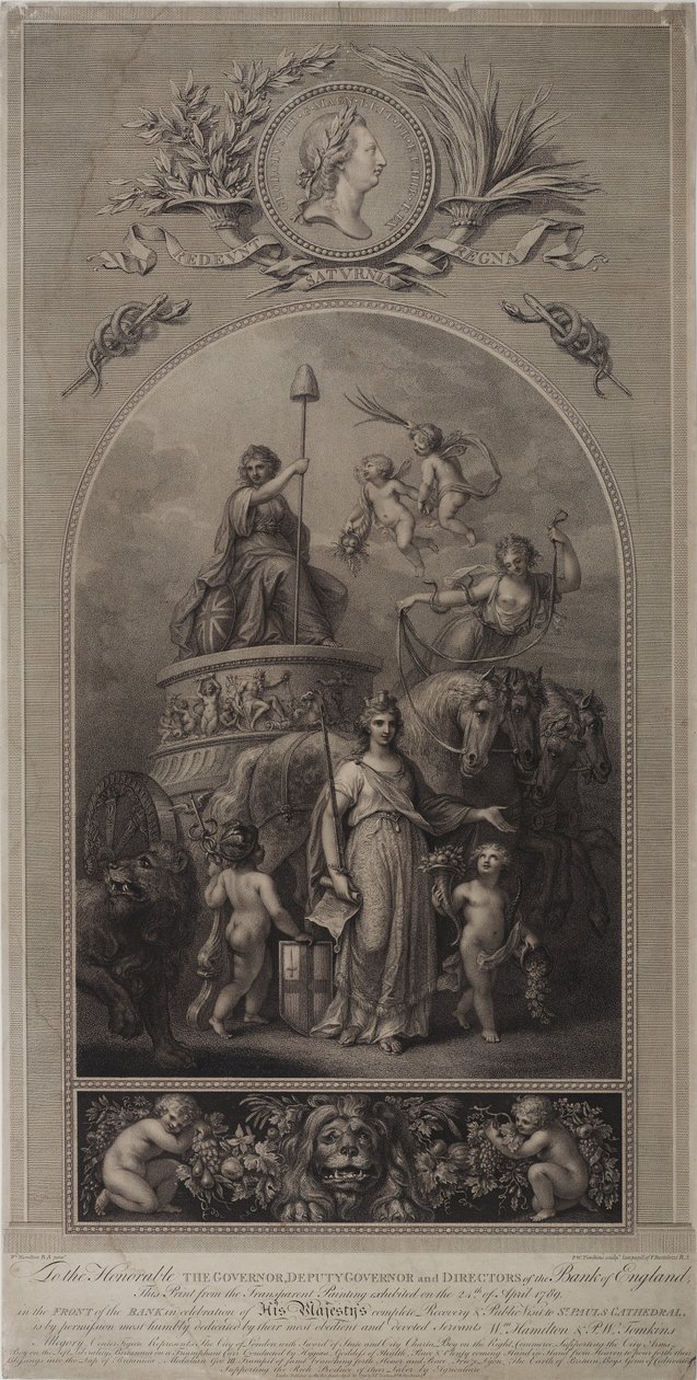 Alegoria da cidade de Londres com a espada do Estado e a carta da cidade" (litografia) de English School