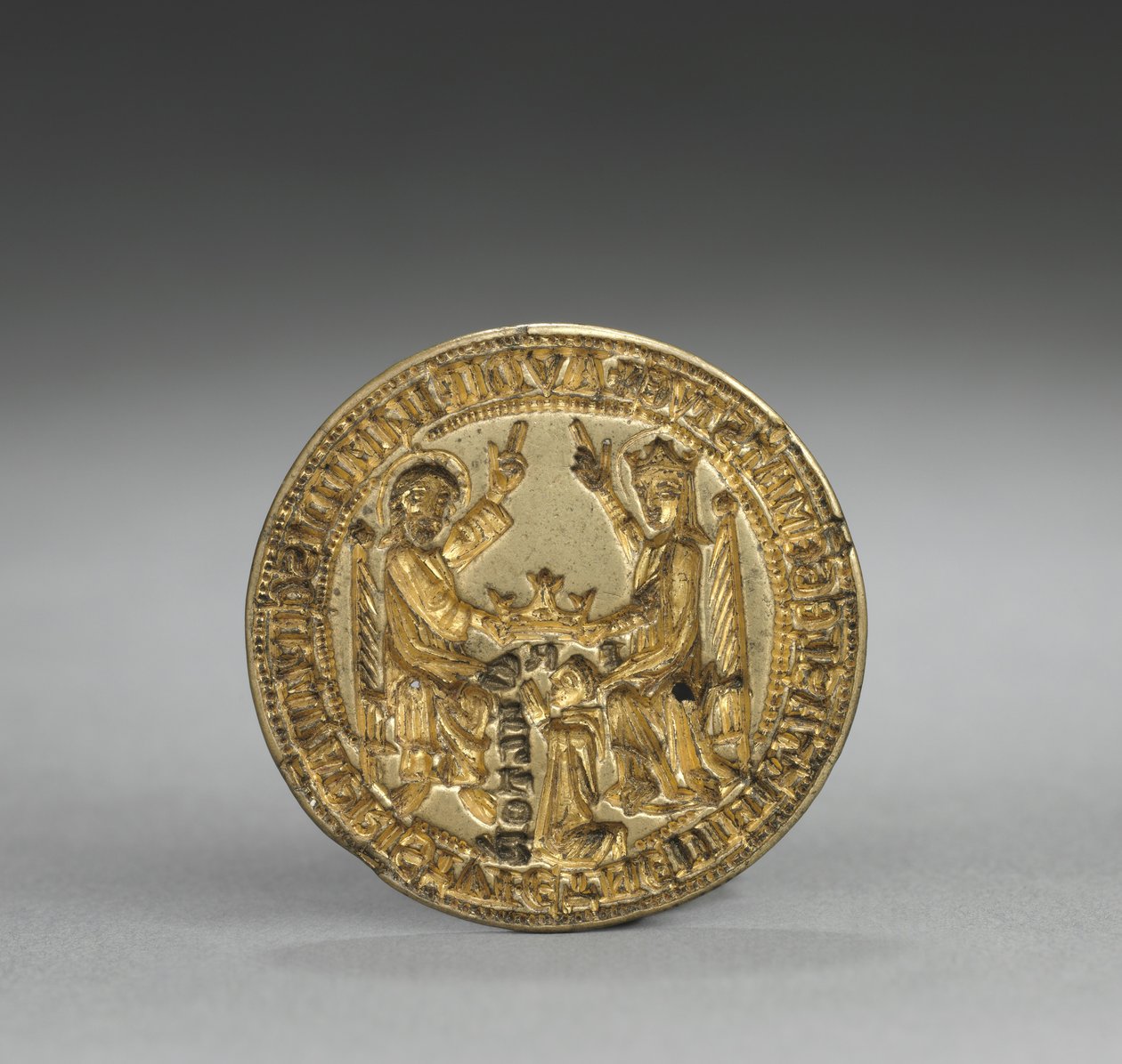 Selo em forma de amêndoa: coroação da Virgem com um monge ajoelhado, 1300-1400 de English School