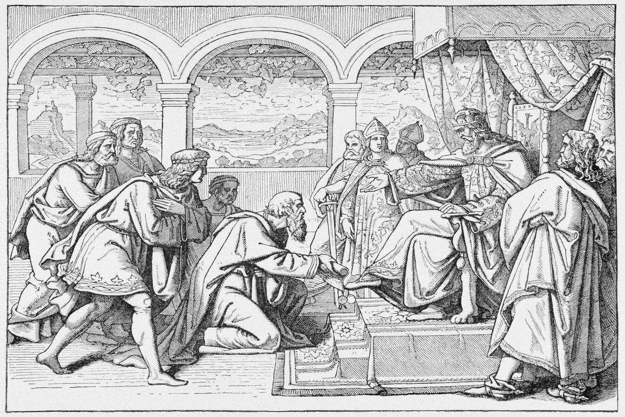 Embaixadores de Haroun al Raschid (c.766-809) antes de Carlos Magno (768-814), de A História da França, de Emile de Bonnechose, publicado por Ward, Lock and Co, Londres de English School