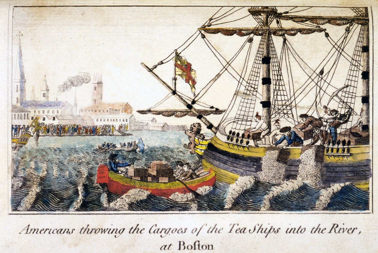 Americanos jogando as cargas dos navios de chá no rio, em Boston, de History of the North Americas, pub. Londres de English School