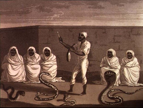 Um malabarista africano, um encantador de serpentes de Marrocos, pub. por Henry Colburn de English School