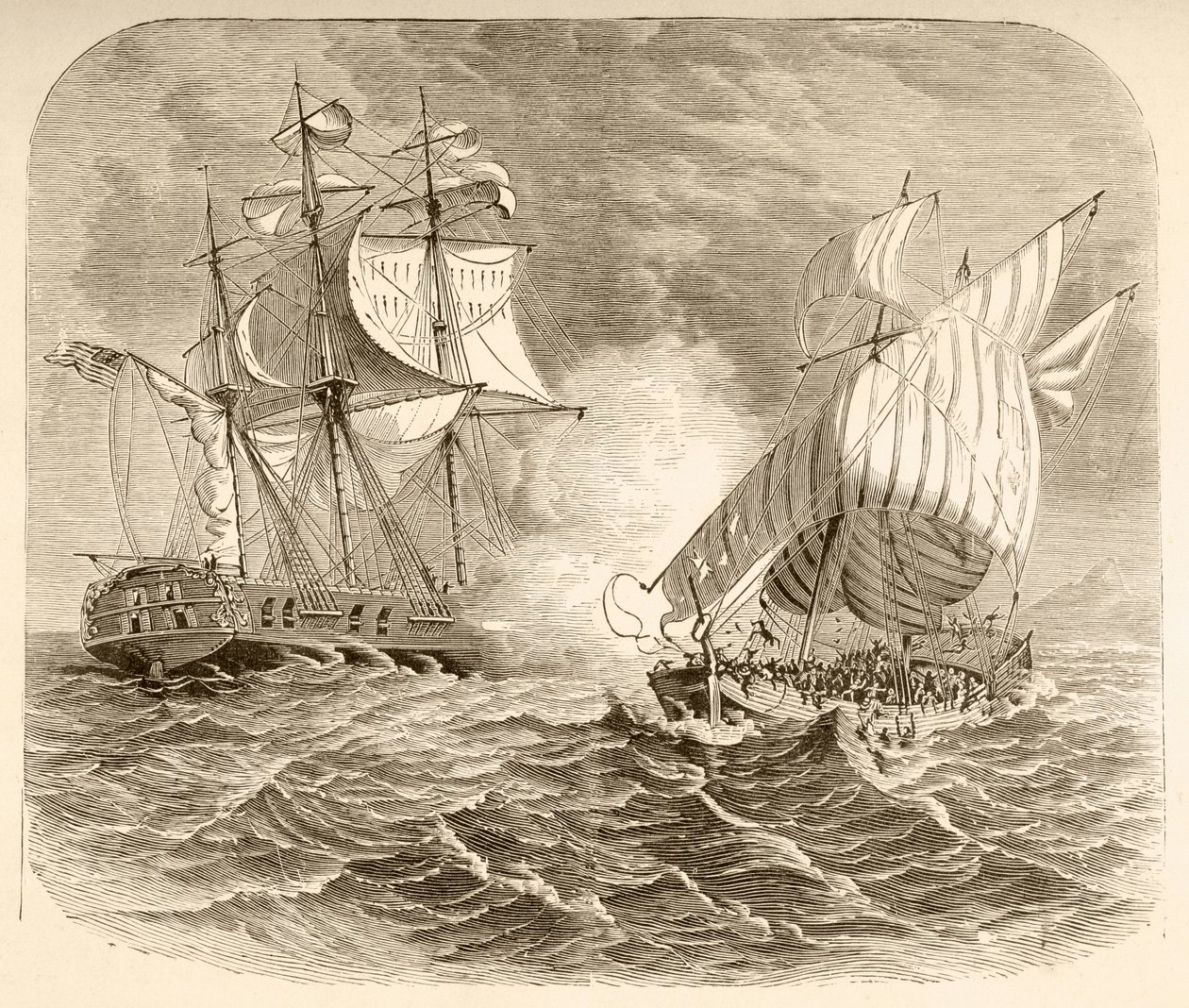 Um navio da marinha americana captura um navio pirata argelino ao largo da Costa da Barbária durante a Primeira Guerra da Barbárie (litografia) de English School