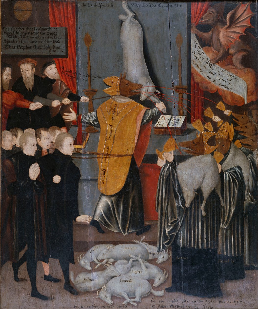 Uma alegoria anticatólica com retratos de Stephen Gardiner, o bispo de Winchester e os bispos Bonner e Tunstall como lobos, e com os corpos de Hooper, Cranmer, Goodrich, Ridley Latimer e Rogers como cordeiros, c.1555 de English School